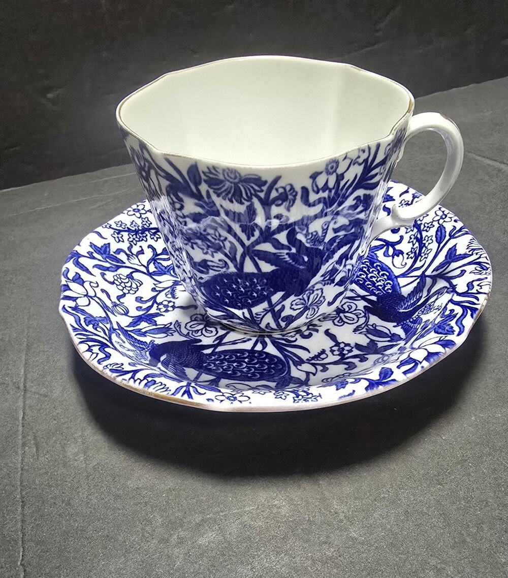 Royal Crown Derby Blue White Porcelain Tea Cup & Saucer Floral Peacock England